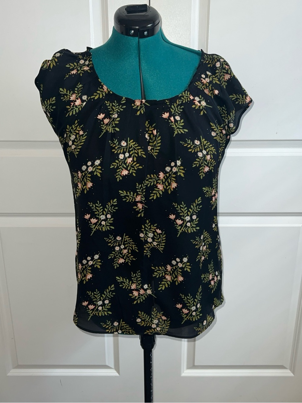 LC Lauren Conrad Black Floral Cap-Sleeve Blouse with Pink & Green Accents